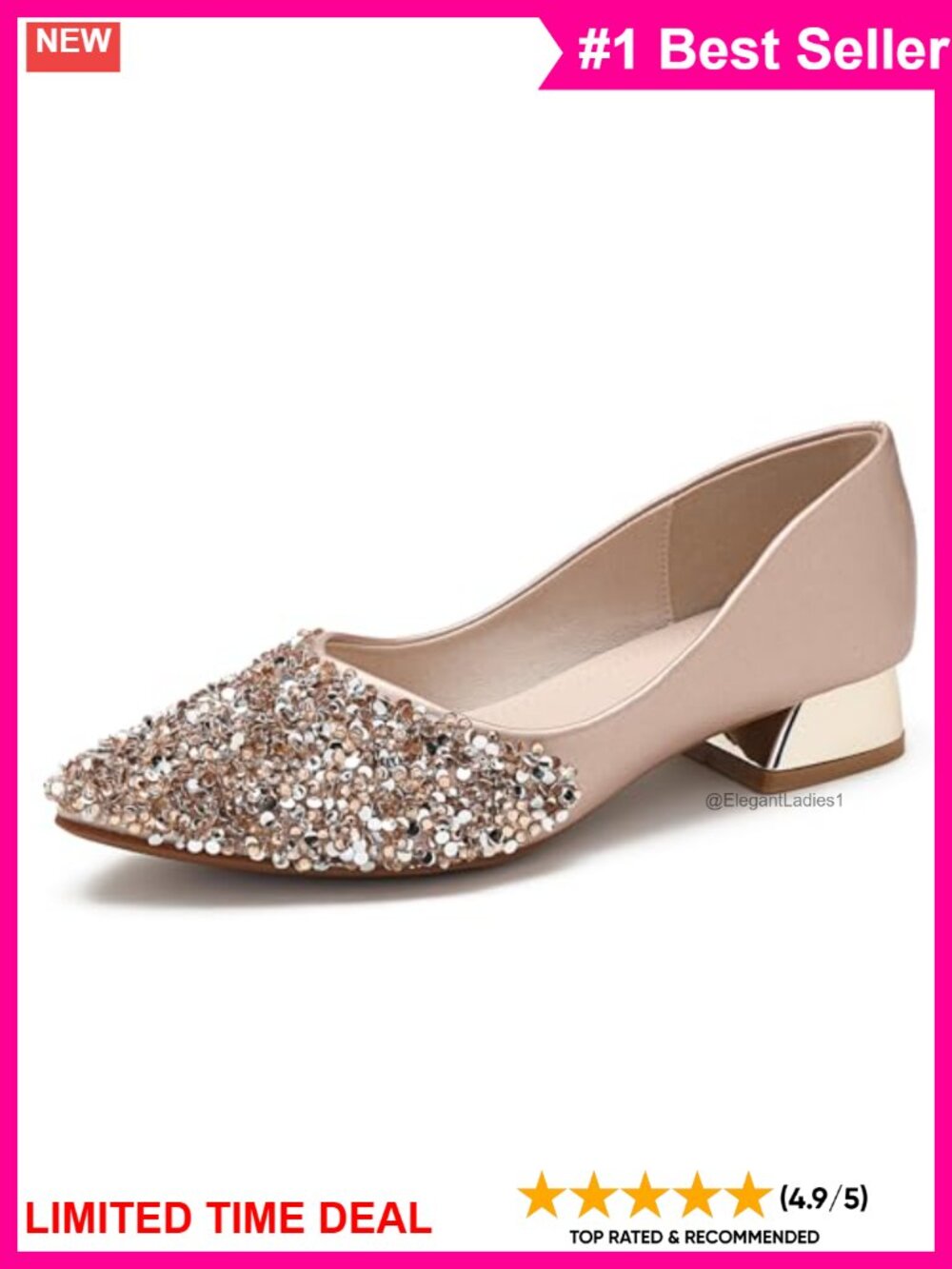 Pointed Toe Rhinestone Chunky Heel Pumps Comfortable Work Wedding Dress Shoes